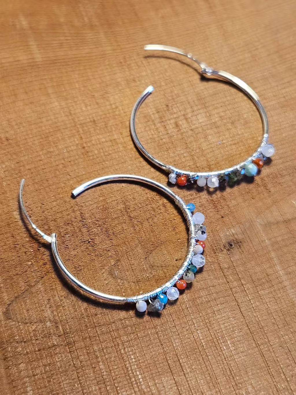 Sterling Silver And Gemstone Wrapped Hoop Earrings