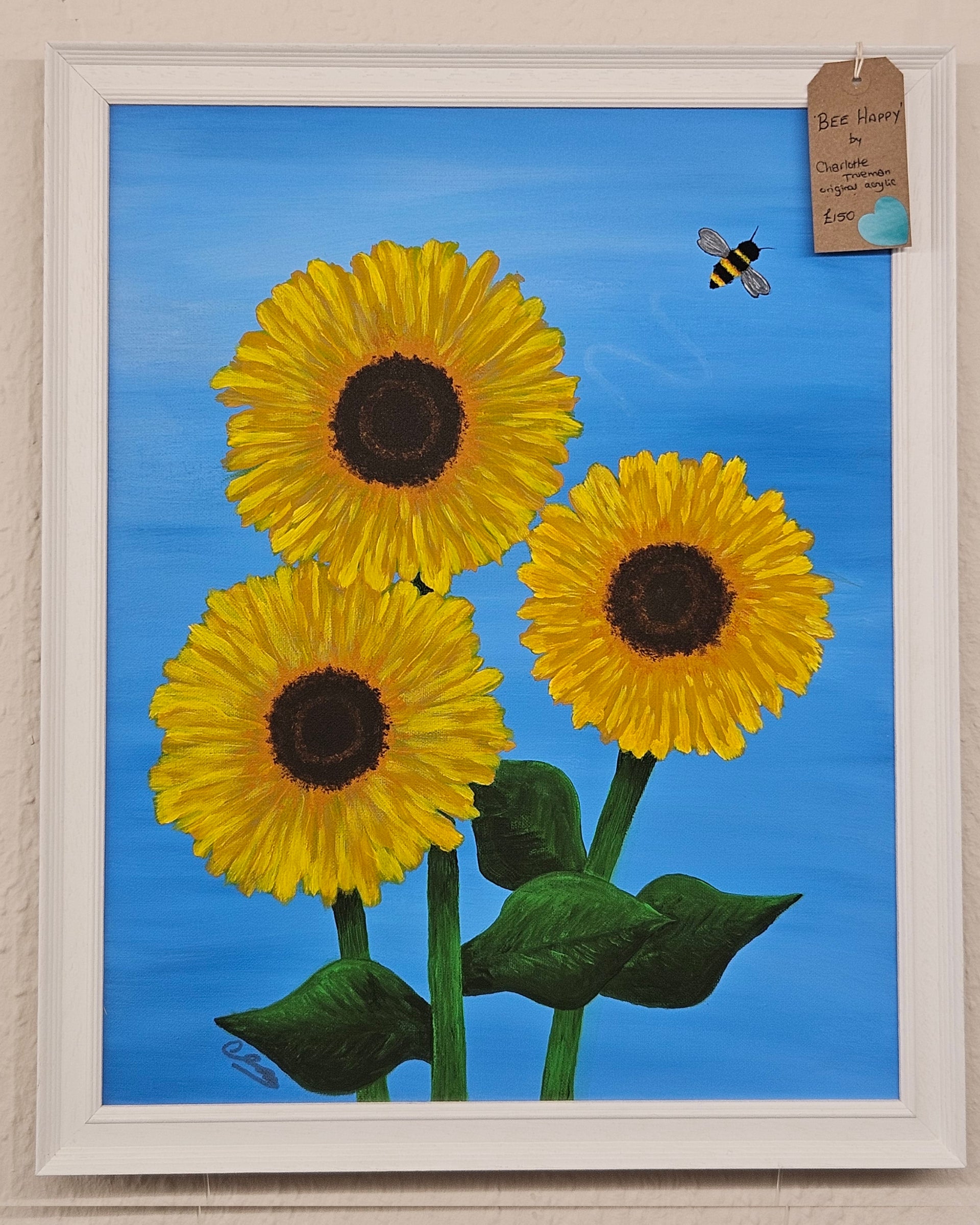 Bee Happy | Original Sunflower Acrylic Painting in White Wooden Frame