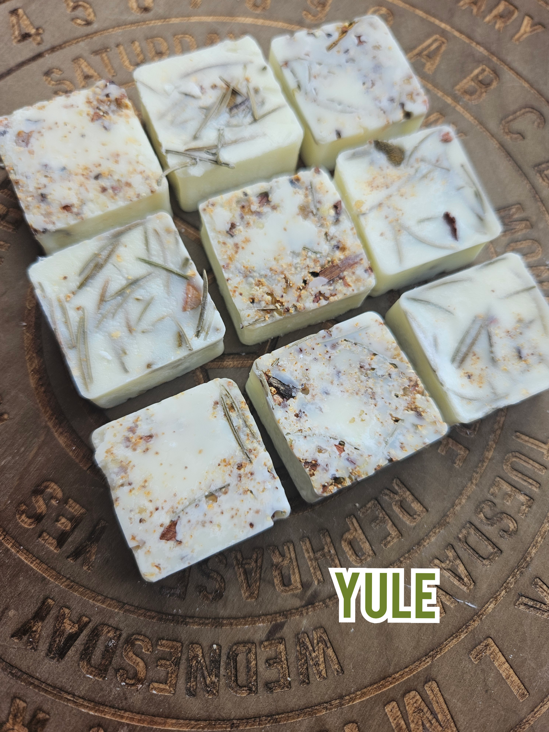 9 handmade Yule artisan wax melts with dried pine needles and botanical incense
