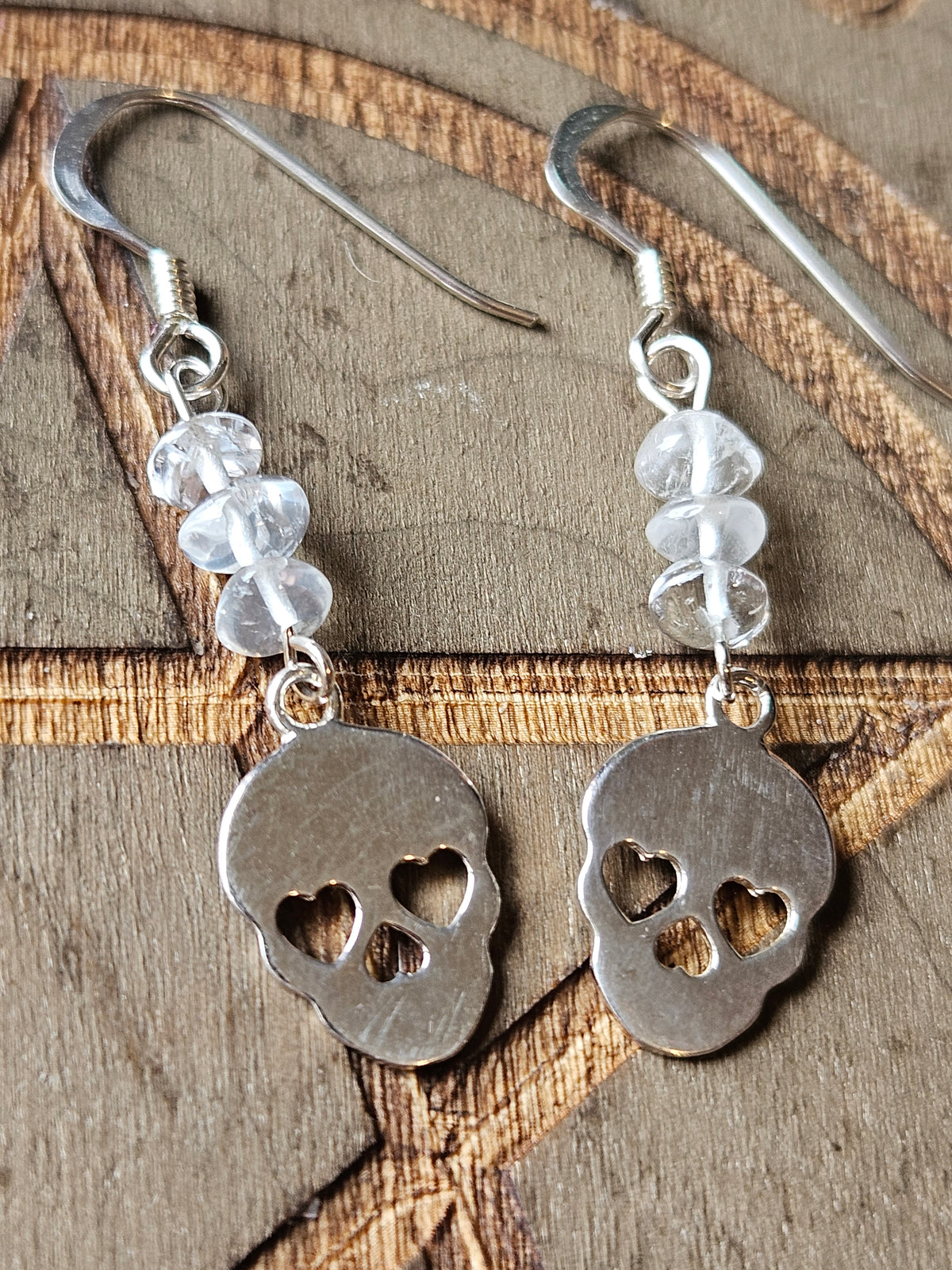 Sterling Silver Clear Quartz Sugar Skull Earrings | Gothic Crystal Jewellery