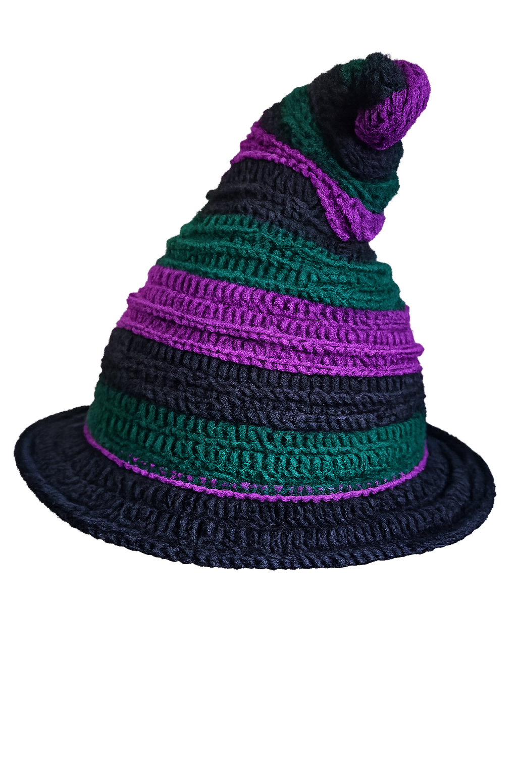 Crocheted hat with purple and green stripes on a white background