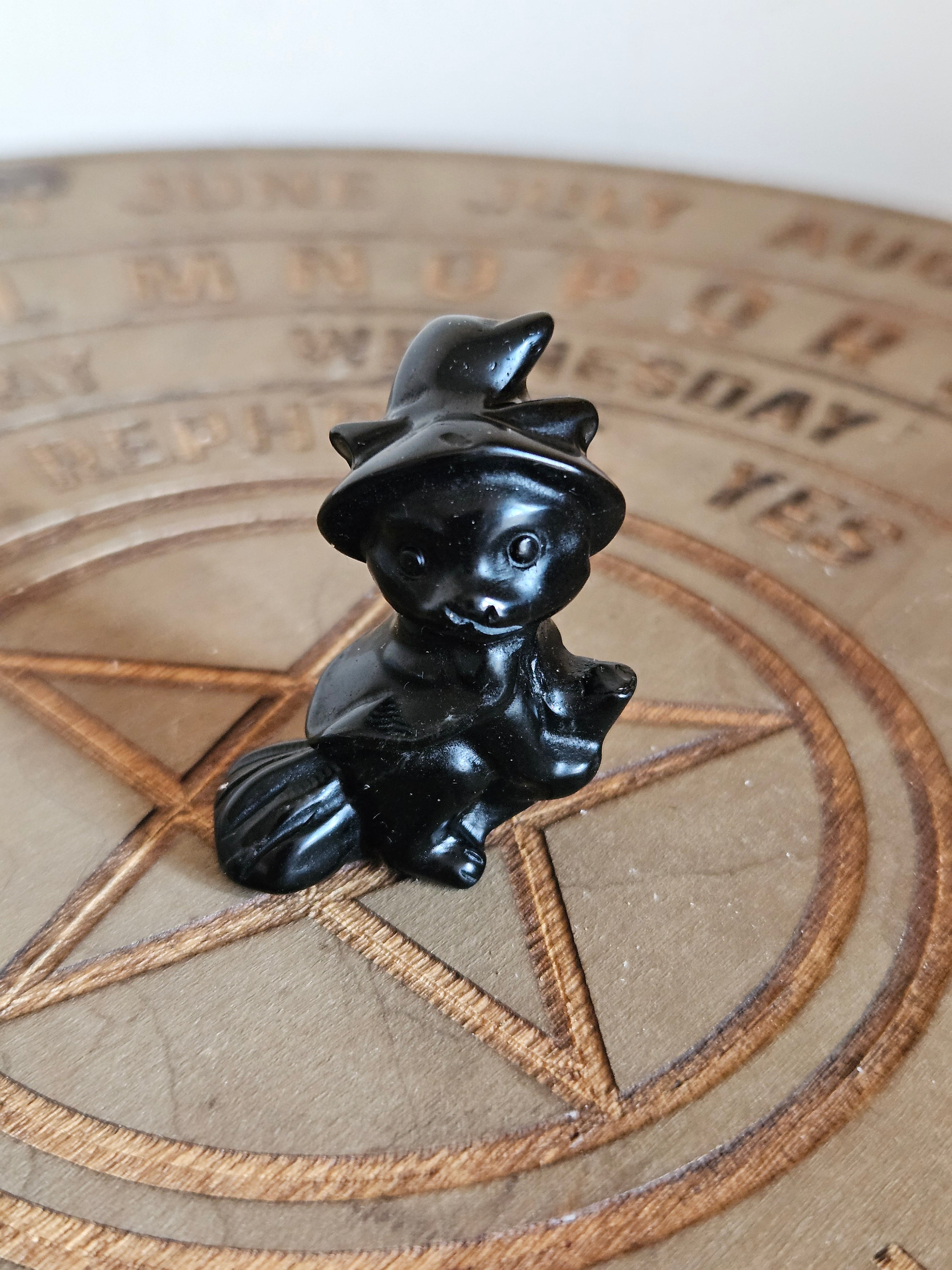 Black Obsidian Cat Witch Carving