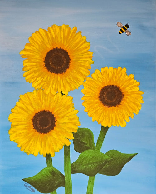 Three sunflowers with a bee on a blue background