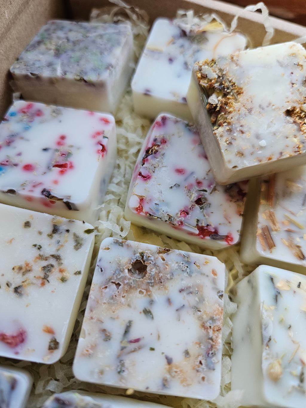 Several square handmade wax melts in off-white and cream tones, embedded with dried botanicals, seeds, and herbs, arranged in shredded paper inside a cardboard box.