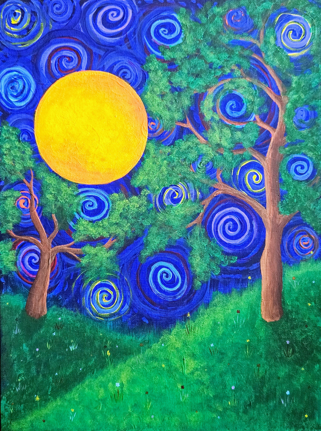 Colorful abstract painting of trees and a sun with swirling patterns
