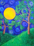 Colorful abstract painting of trees and a sun with swirling patterns