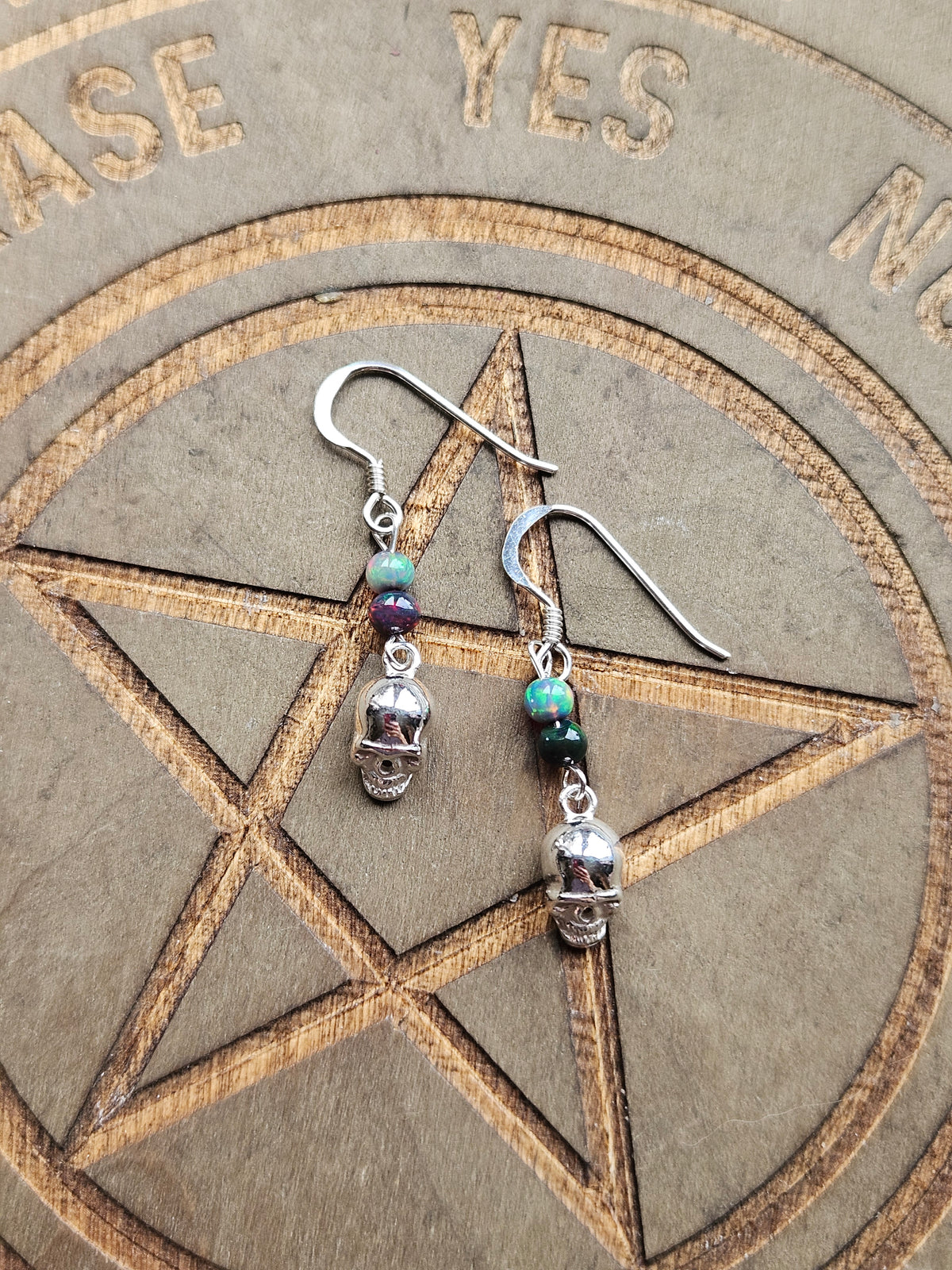 Sterling Silver Skull & Ethiopian Fire Opal Earrings