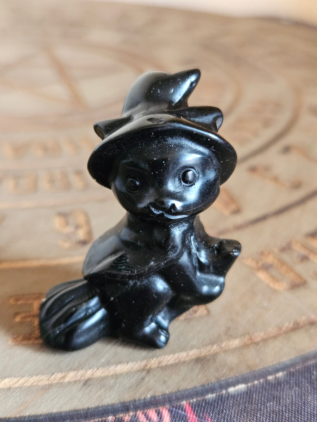 Black Obsidian Cat Witch Carving