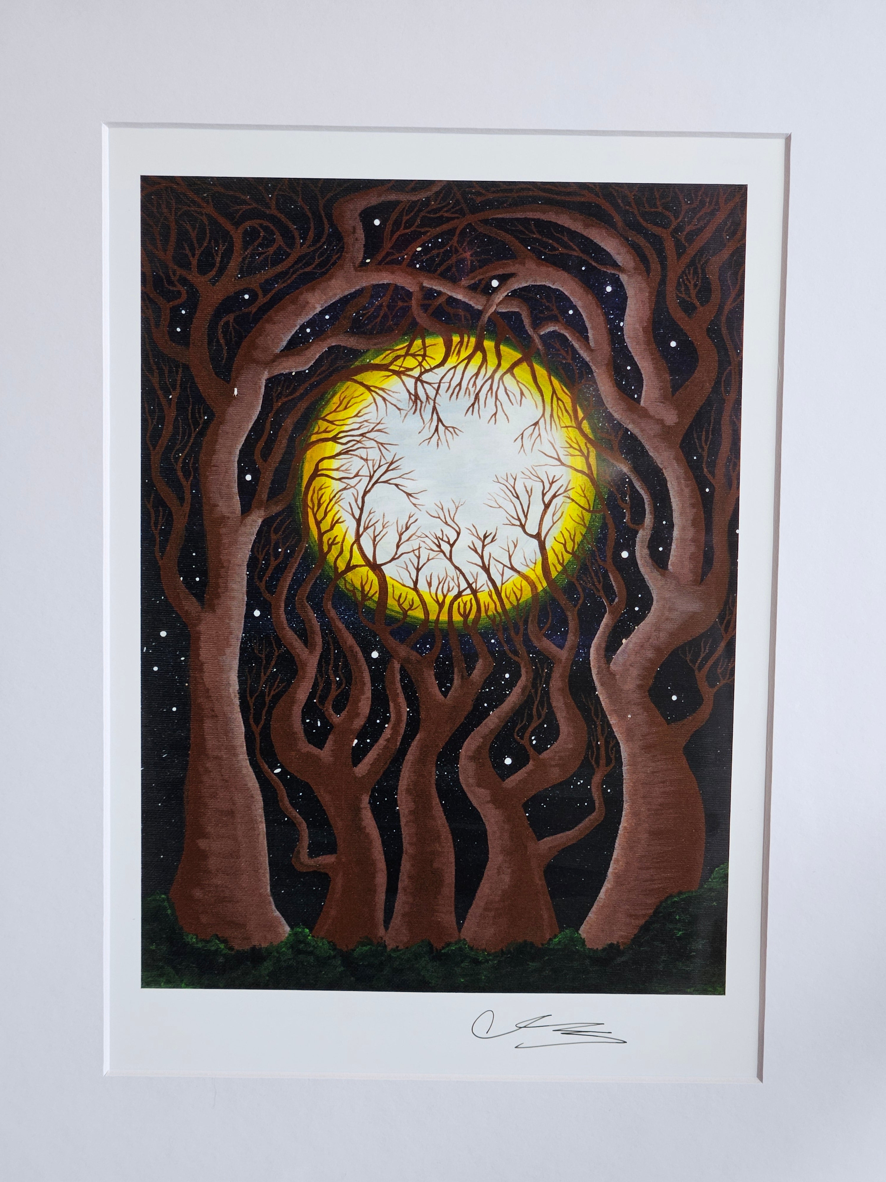 Twisted brown trees around a yellow and white moon.