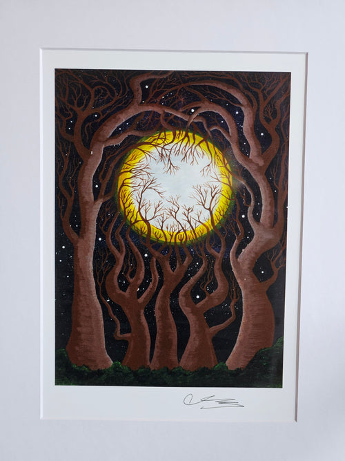 Twisted brown trees around a yellow and white moon.