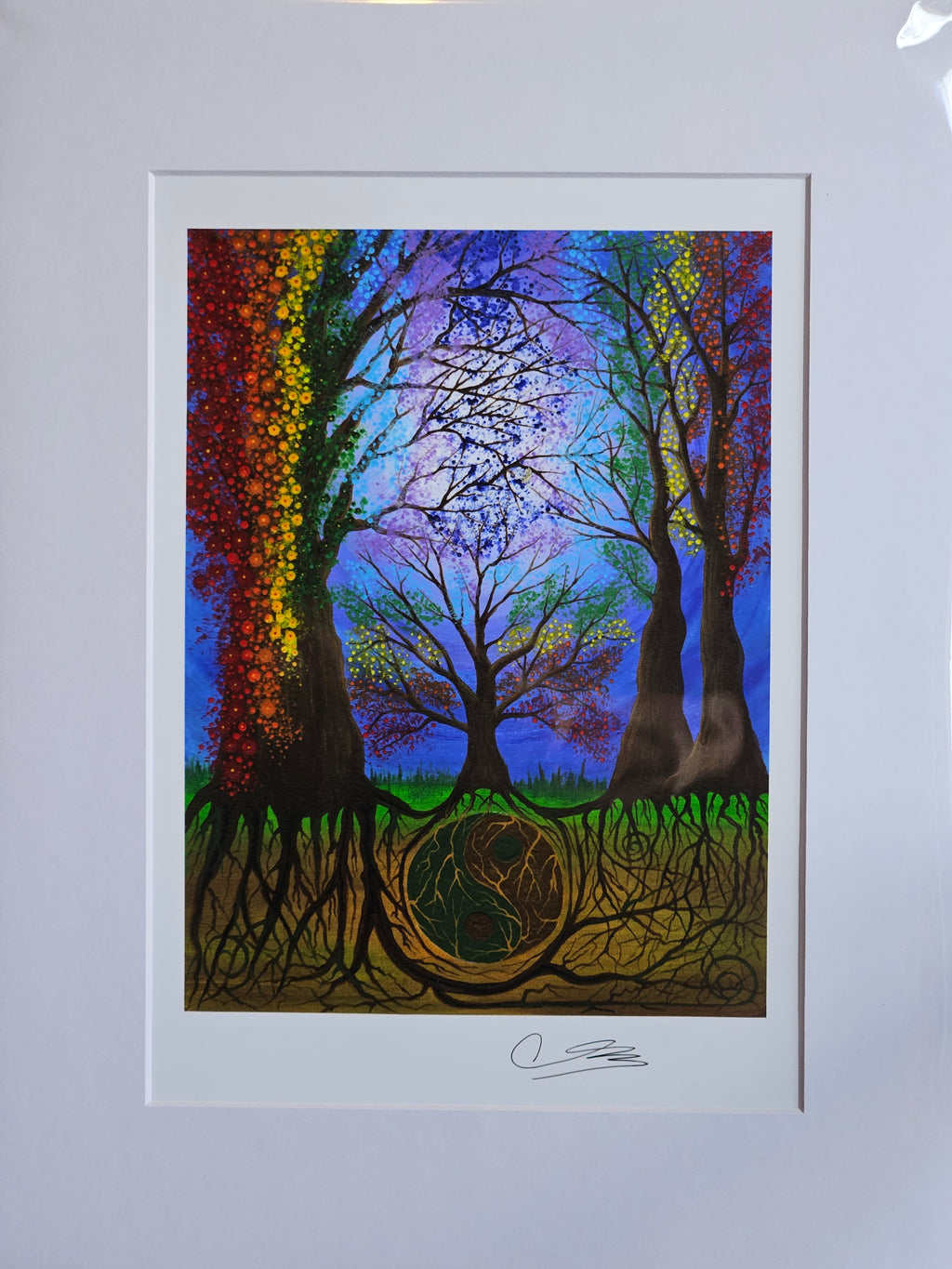 Colorful abstract artwork of trees and a sky with a signature in the corner.