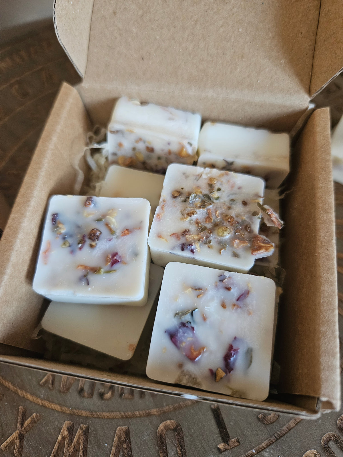Beltane handmade artisan wax melts with dried flowers and herbs in a gift box