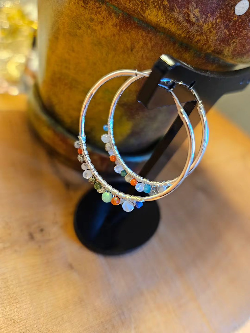 Sterling Silver And Gemstone Wrapped Hoop Earrings