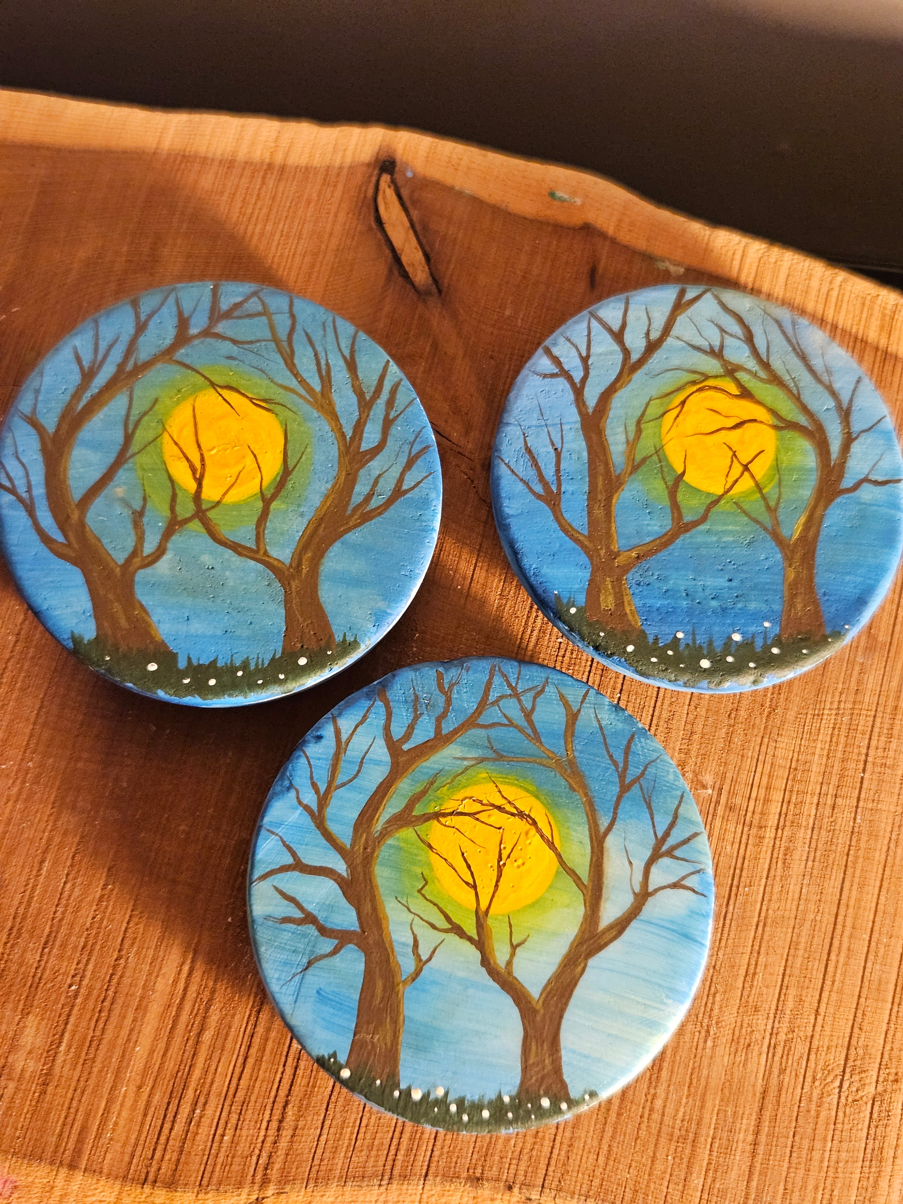 Three hand painted magnets with tree design