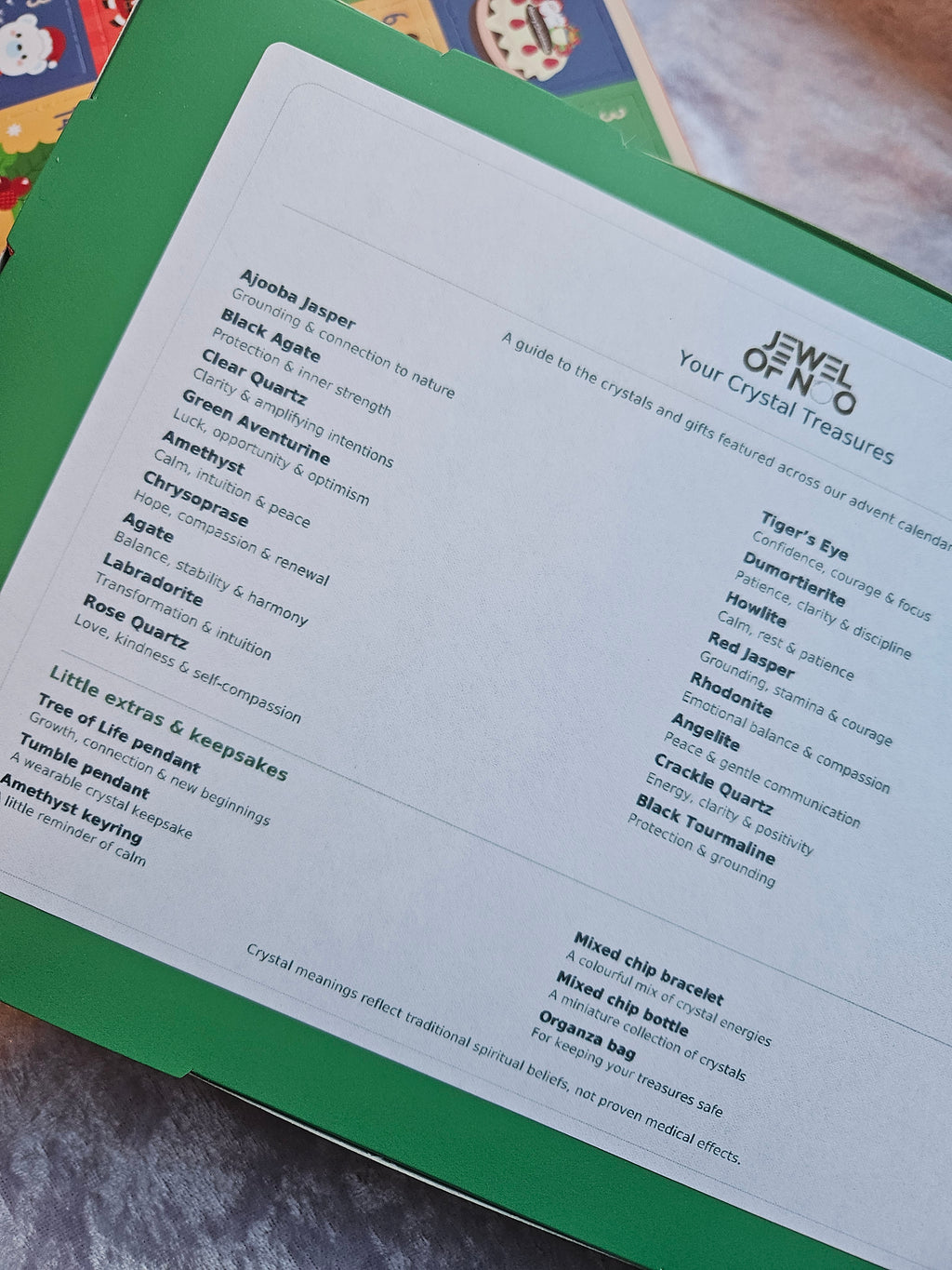 Back of calendar showing contents