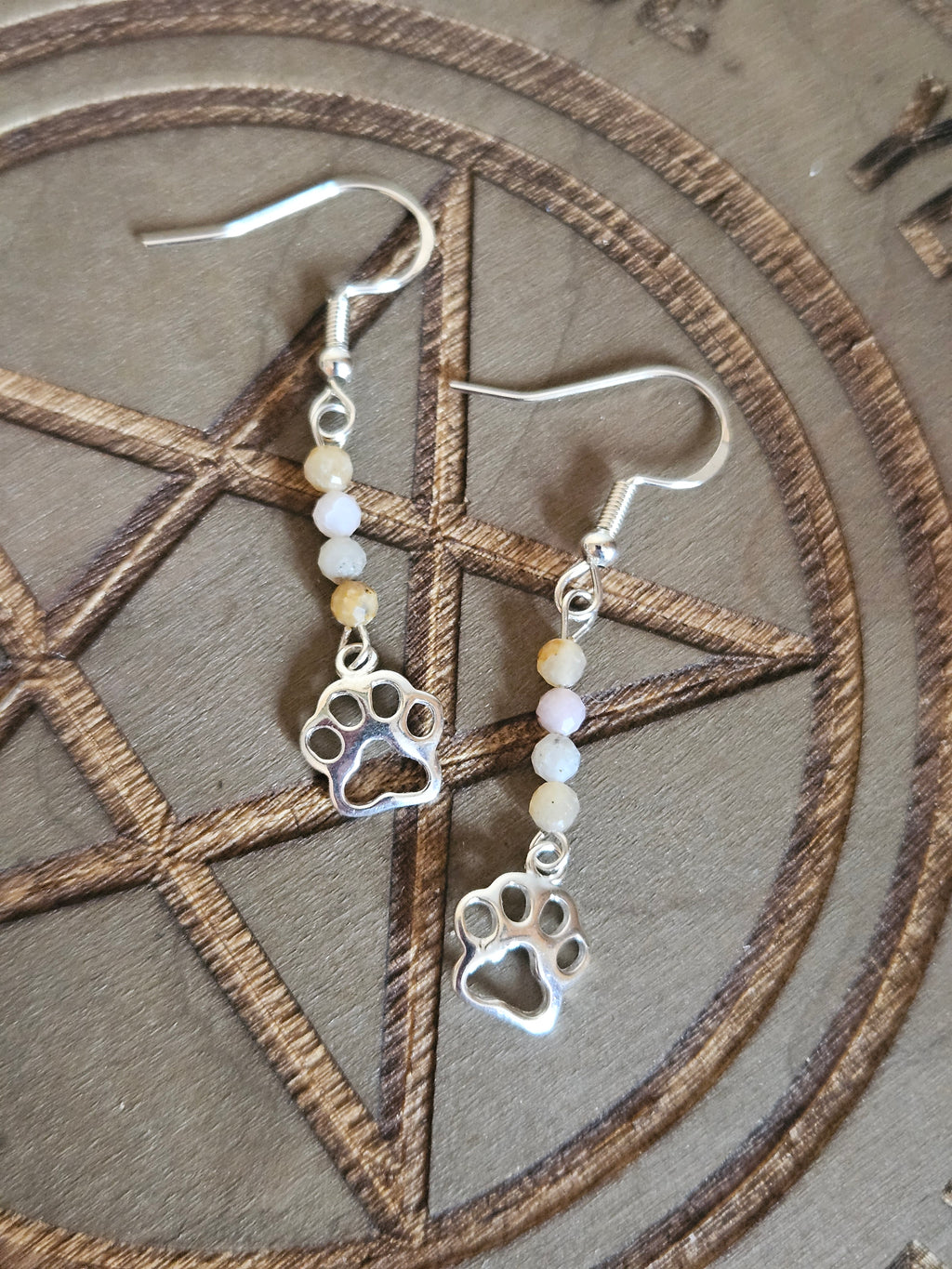 Silver earrings with paw print designs on a pentagram background