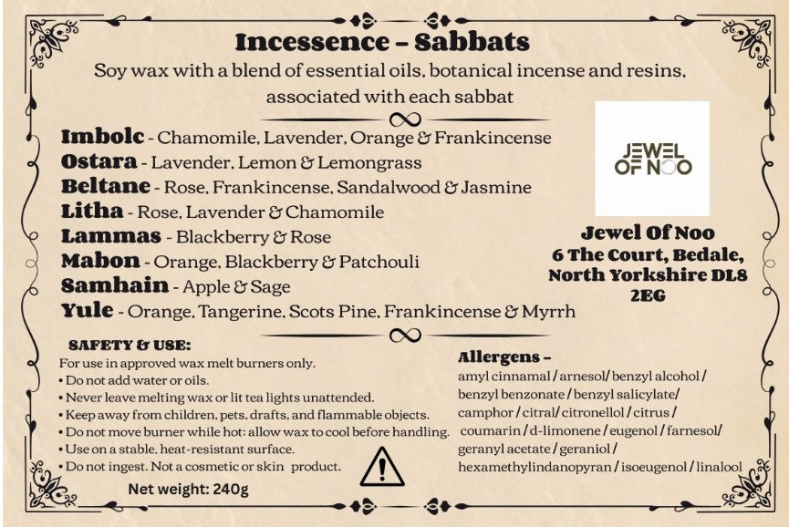 A product CLP for 'Incescence - Sabbats' by Jewel of Noo, detailing the soy wax blend with essential oils, listing various scents like Imbolc, Beltane, and Yule, along with safety and allergen information on a beige background with a decorative border.