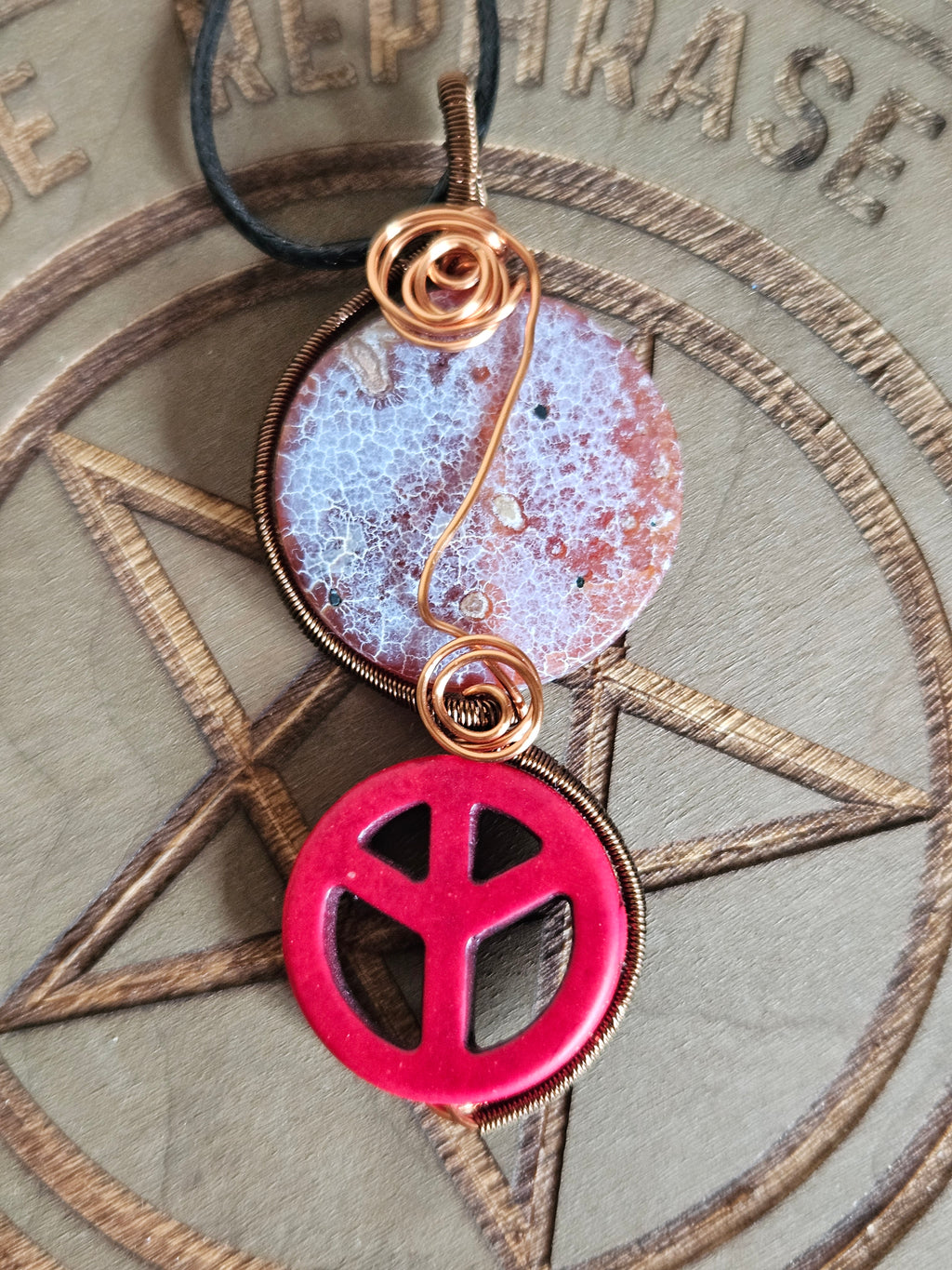 Peace Magnesite And Crackle Agate Wire Wrapped Pendant Necklace