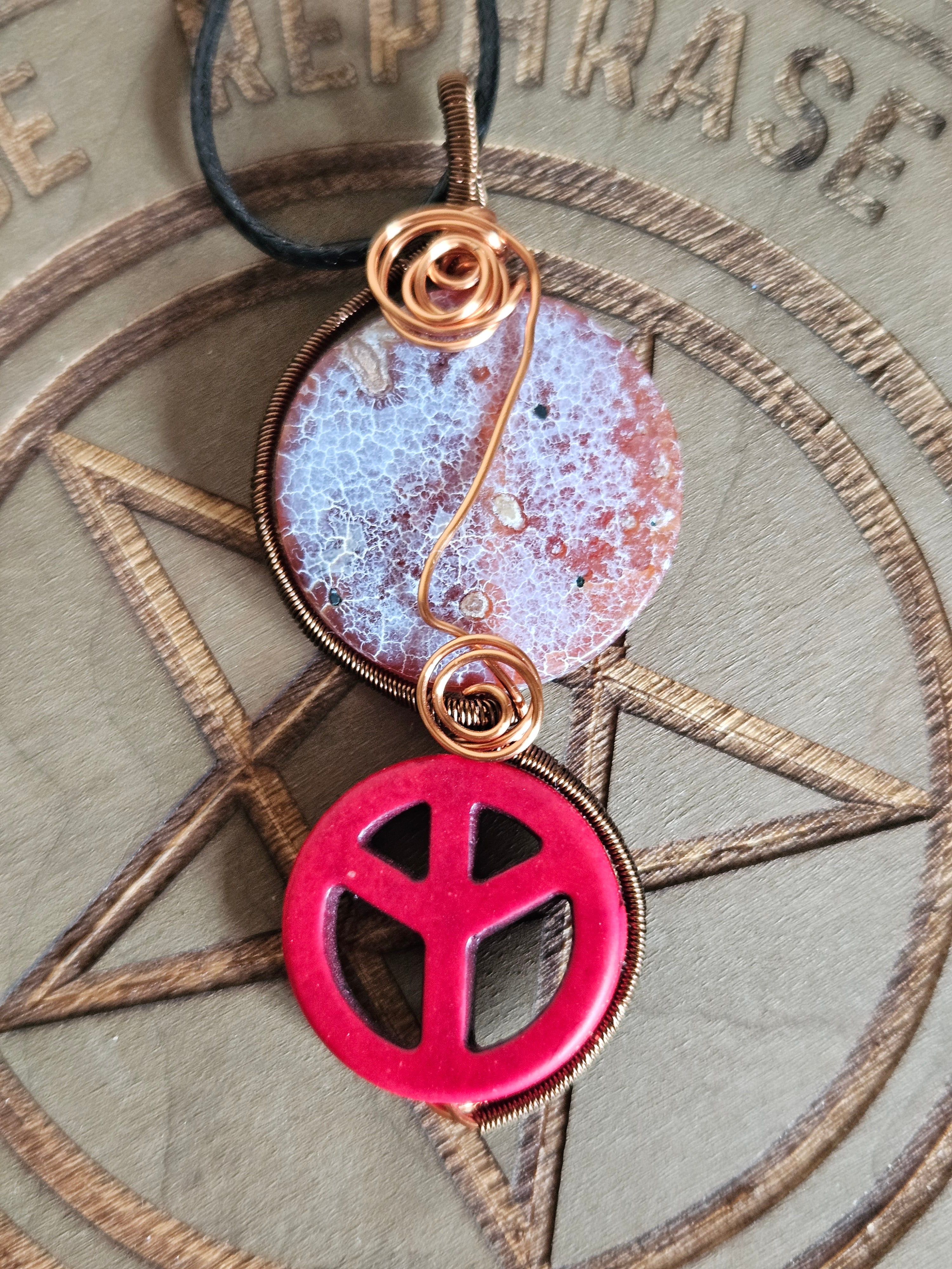Peace Magnesite And Crackle Agate Wire Wrapped Pendant Necklace