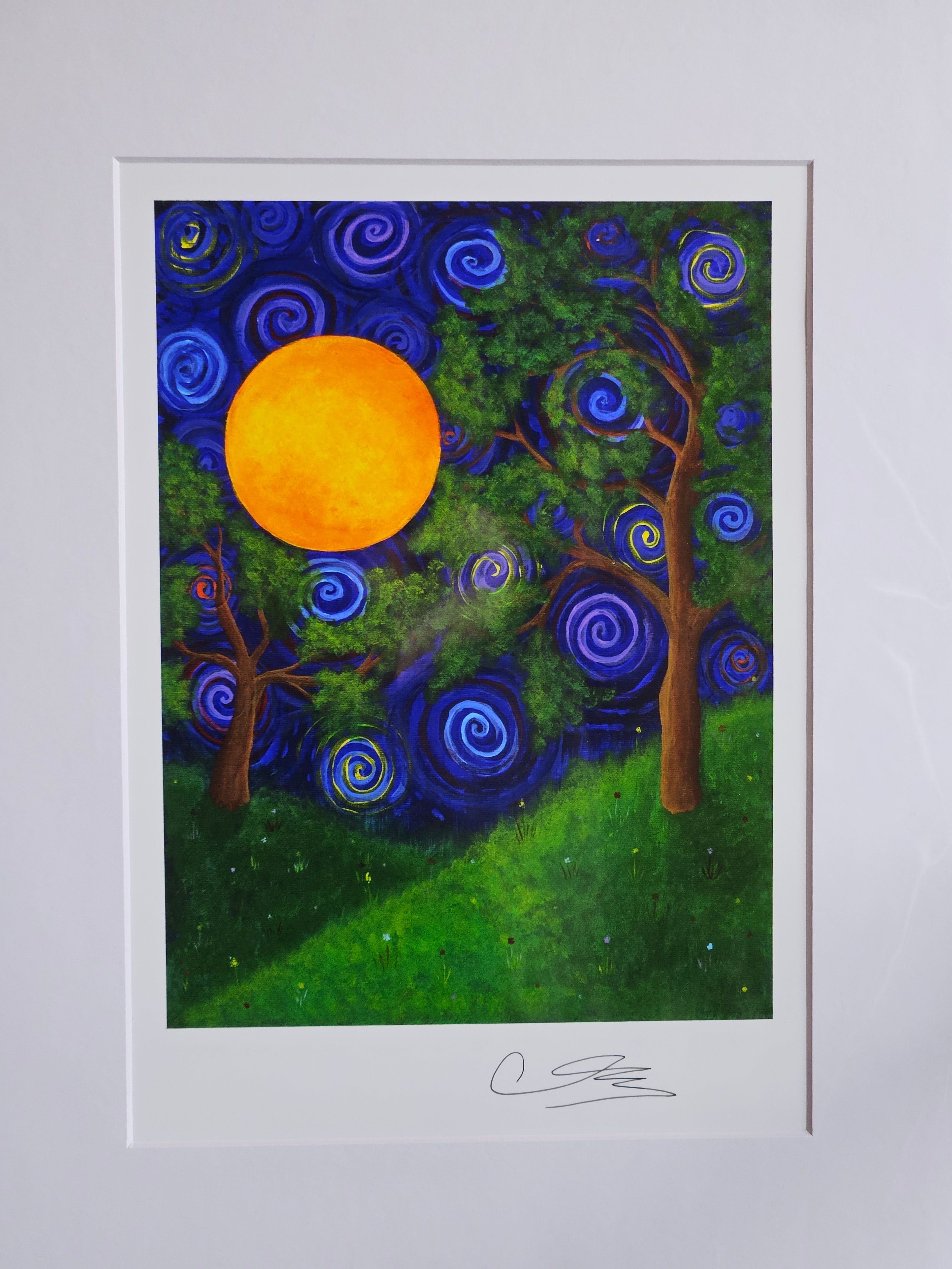 Mounted artwork of a stylized tree with blue spiral patterns and a yellow sun on a green background.