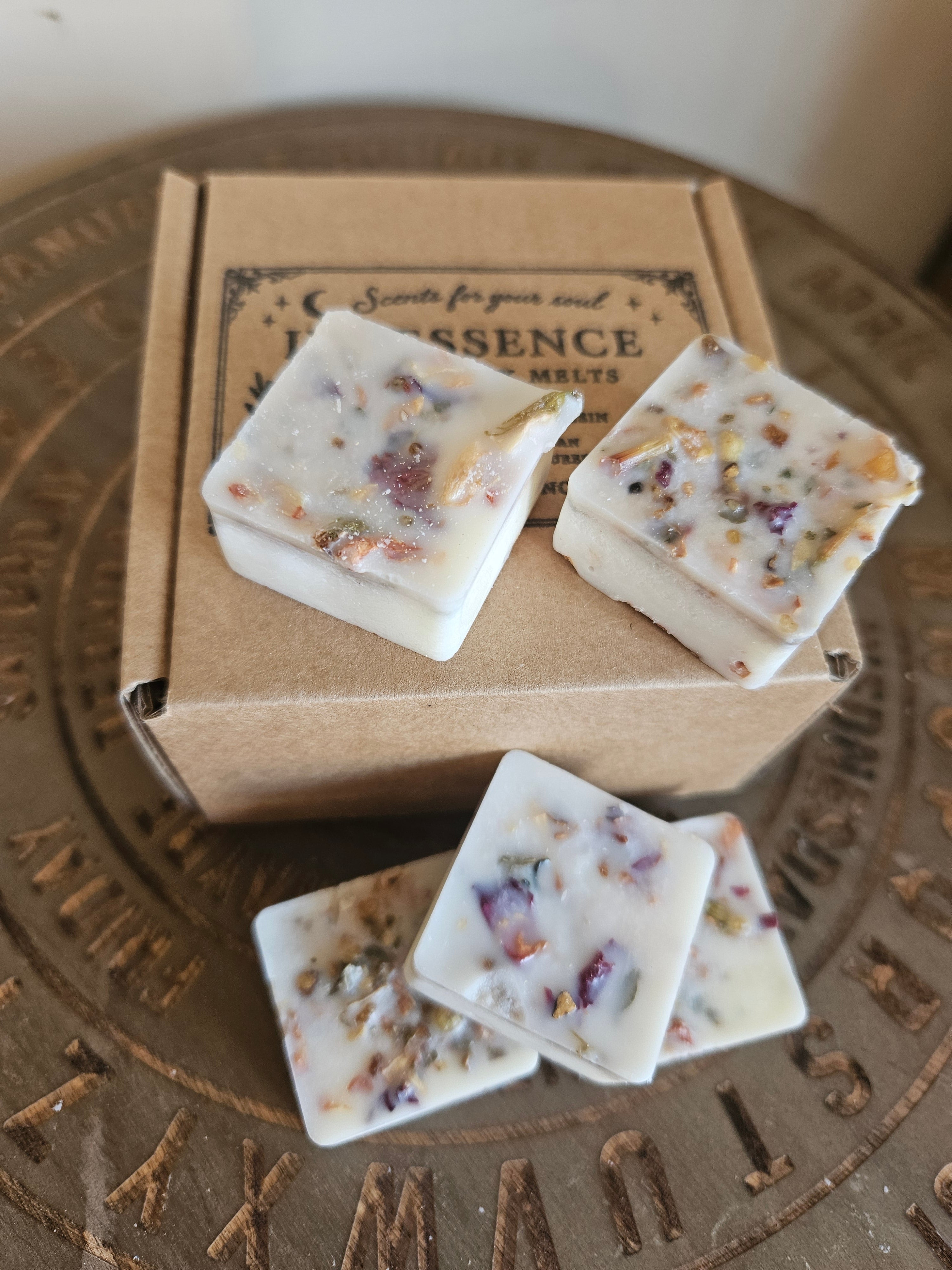 Handmade Beltane artisan soy wax melts with rose petals, essential oils and botanical incense