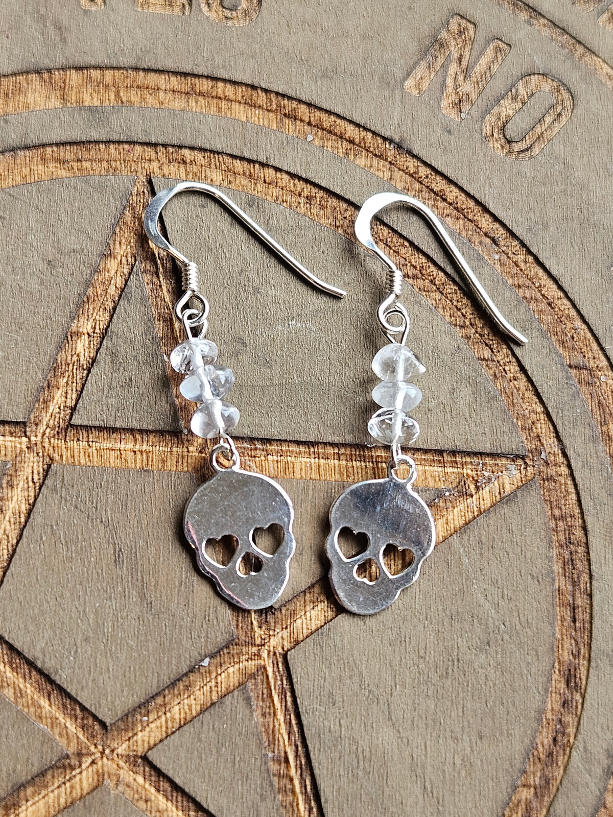 Sterling Silver Clear Quartz Sugar Skull Earrings | Gothic Crystal Jewellery