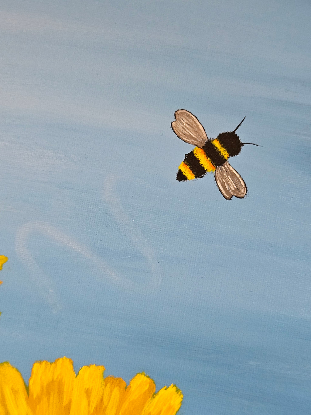 Illustration of a bee and a sunflower on a textured blue background