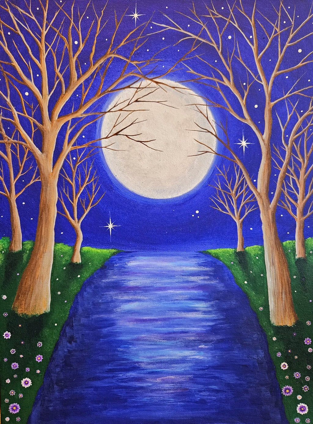 Remember Me -Painting of a moonlit river between trees with a starry night sky.