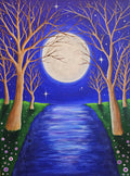 Remember Me -Painting of a moonlit river between trees with a starry night sky.